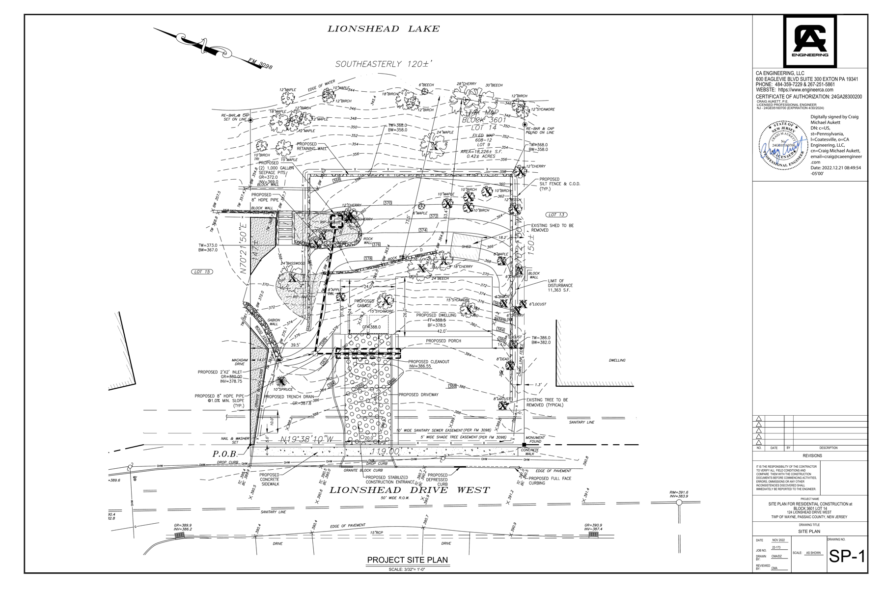 Signed site plan SP-1 for proposed residential construction at 124 Lionshead Drive West.