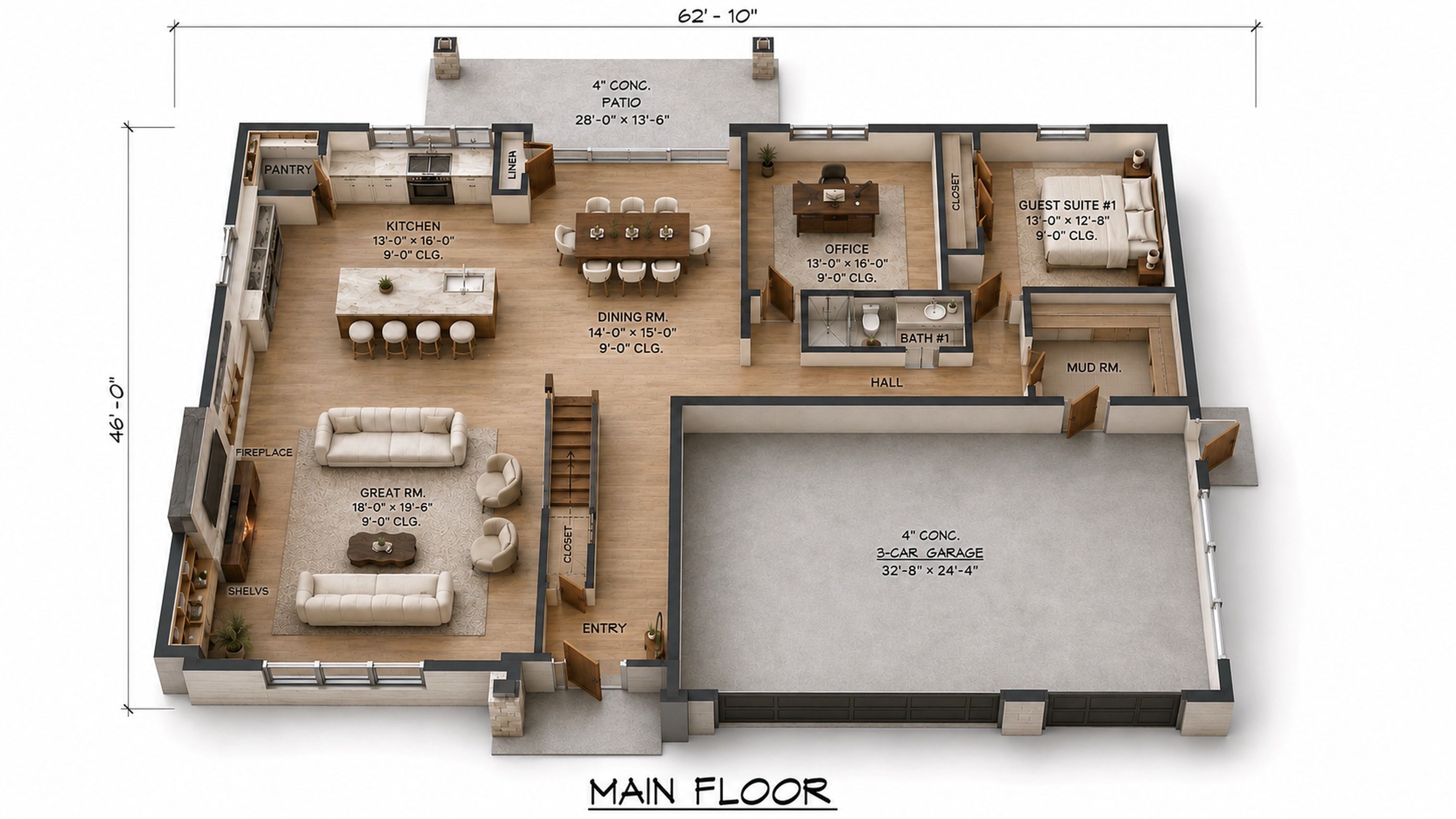 Furnished three-dimensional study of The Modern's main level.