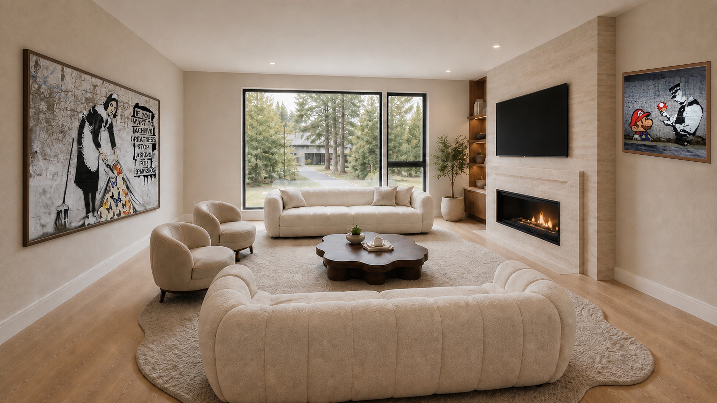 Architectural rendering of The Modern's double-height living room with warm wood, stone and full-height glass.